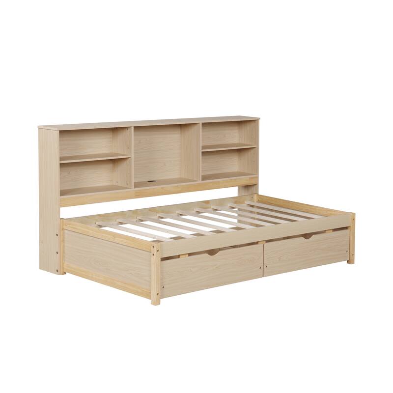 Twin Size Daybed Rubberwood Sofa Bed Frame with Side Bookshelves, 2 Drawers and Built In USB Ports