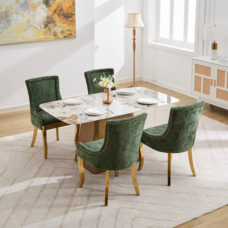Chenille Dining Chairs,Curved Gold - Plated Legs & Rivet Trim,Accent Seating With Textured Fabric&One-Piece Structure,Set Of 2