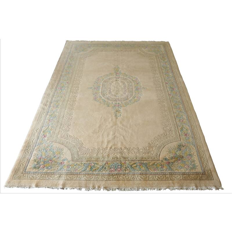 11x18 Hand Knotted Wool Beige Plush Pile Traditional Aubusson Savonnerie Rug - 11' x 18'