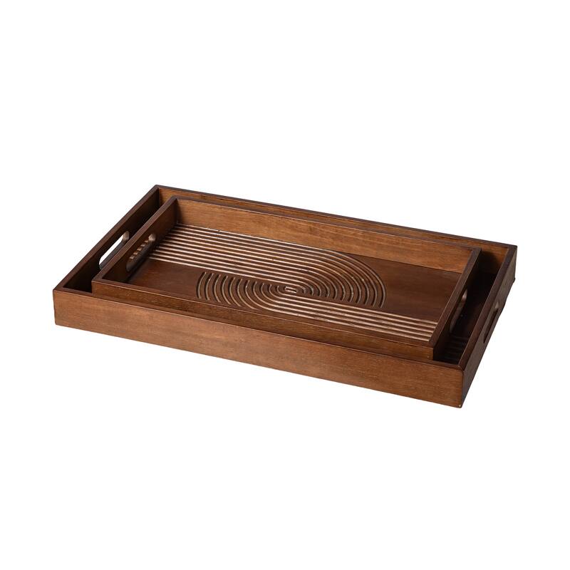 Glitzhome Set of 2 Rectangle Wood Abstract Carved Decorative Trays with Handles