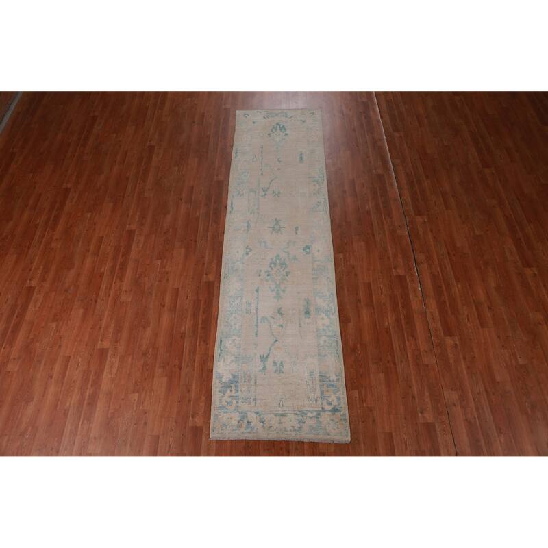 Hand Knotted Oriental 100% Wool Carpet Transitional Floral Beige & Ivories Oushak Runner Rug - 9' 10'' X 2' 8''