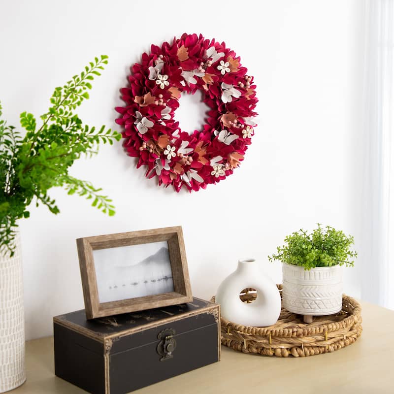 Wooden Floral Spring Wreath with Berries - 13" - Fuchsia Pink and White
