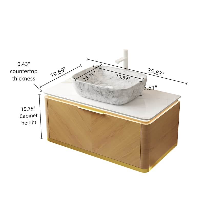 GDFStudio - Dipa Modern 36" Floating Bathroom Vanity with Sensor Light, Drawer & Marble Pattern Ceramic Basin, WITHOUT Faucet