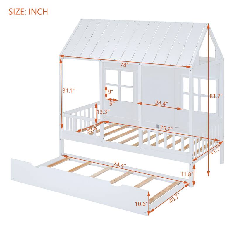 House Platform Bed With Twin Trundle, Wooden Daybed Frame with Rails, Roof and Windows, for Kids Girls Boys