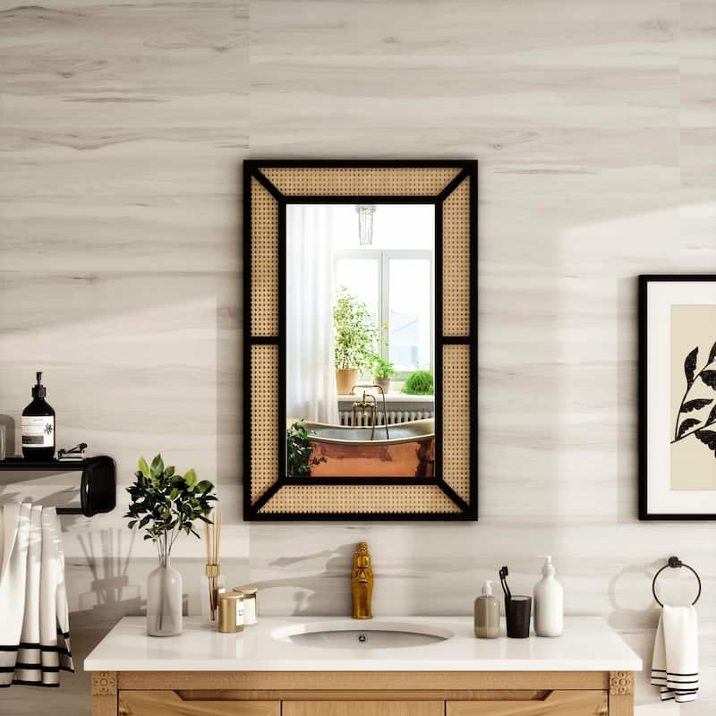 Large Rattan Wall Mirror Bohemian Square Accent Mirror for Wall Decor - 23.6"×35.5"