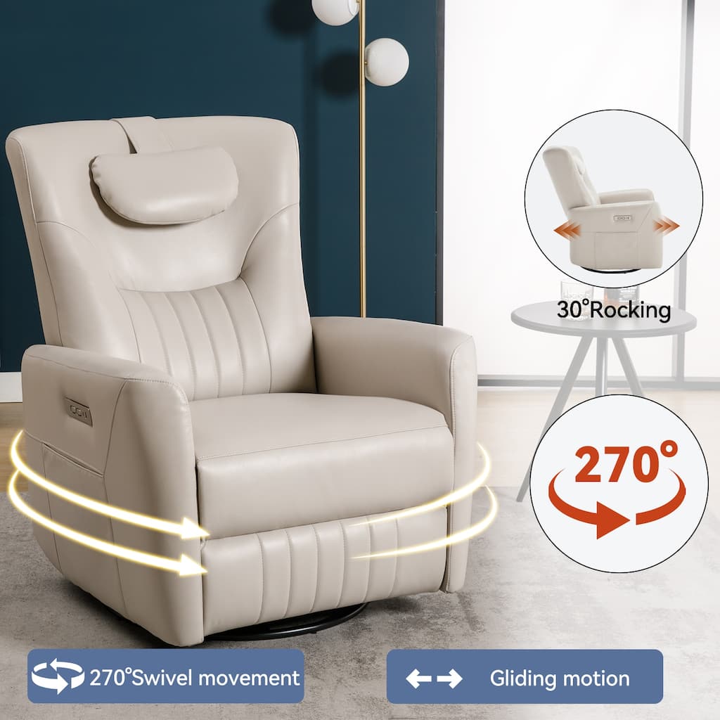 270° Swivel Rocker Power Recliner Chair, Support Pillow, USB, Type-C