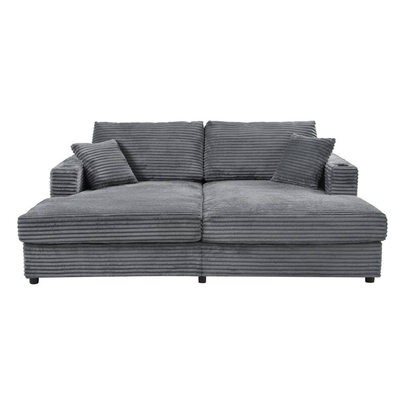 86.5" Oversized Loveseat Chaise Lounge Sectional Sofa Bed with USB Ports, Cup Holders, Corduroy Upholstery, Dark Gray