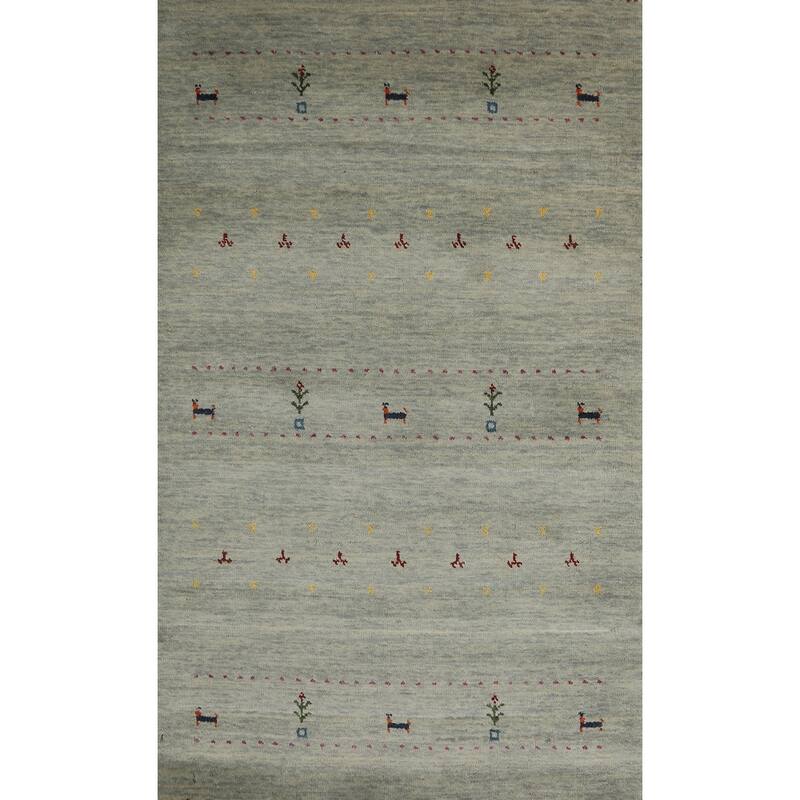 Hand Knotted Oriental 100% Wool Carpet Tribal Animal Pictorial Green Gabbeh Area Rug - 4' 11'' X 3' 0''