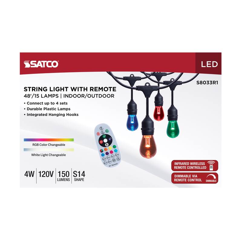 48 Foot LED String Light 15-S14 Lamps E26 RGBTW Infrared Remote Black 120V
