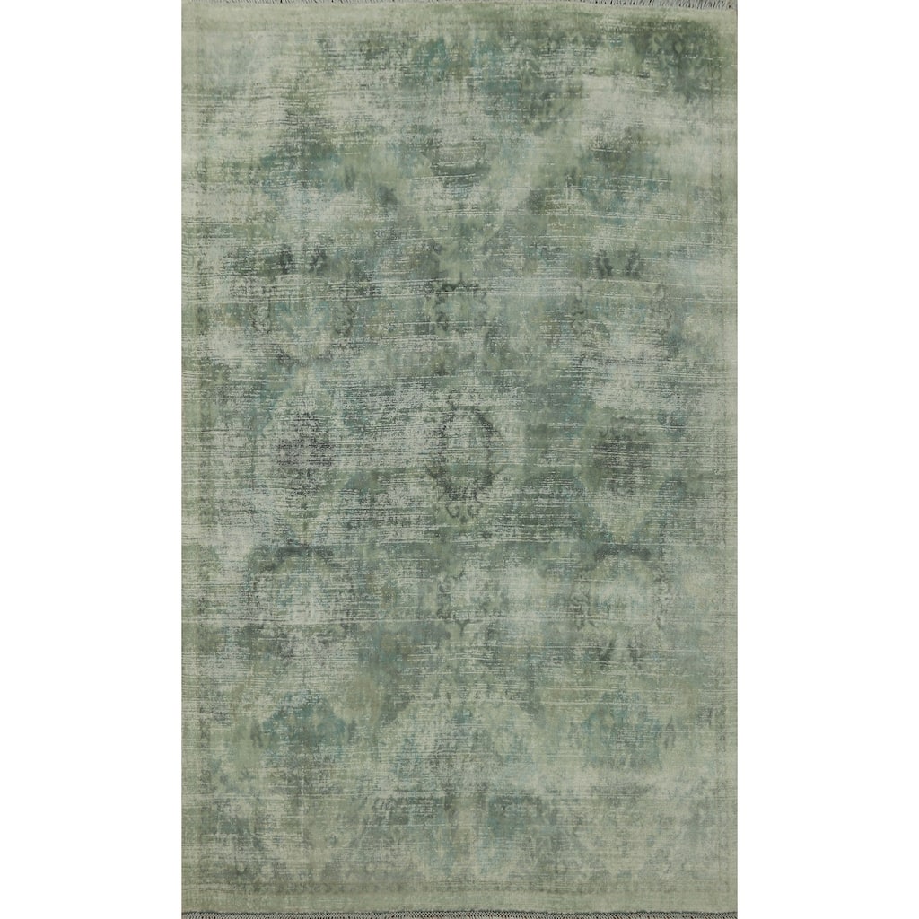 Hand-knotted Transitional Silk Carpet Green Oushak Rug Floral Oriental Area Rug - 8' 0'' X 4' 11''
