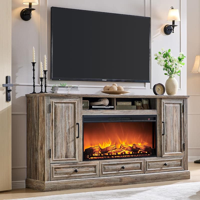 Farmhouse Fireplace TV Stand for 80 Inch TV, Entertainment Center - Purple Oak