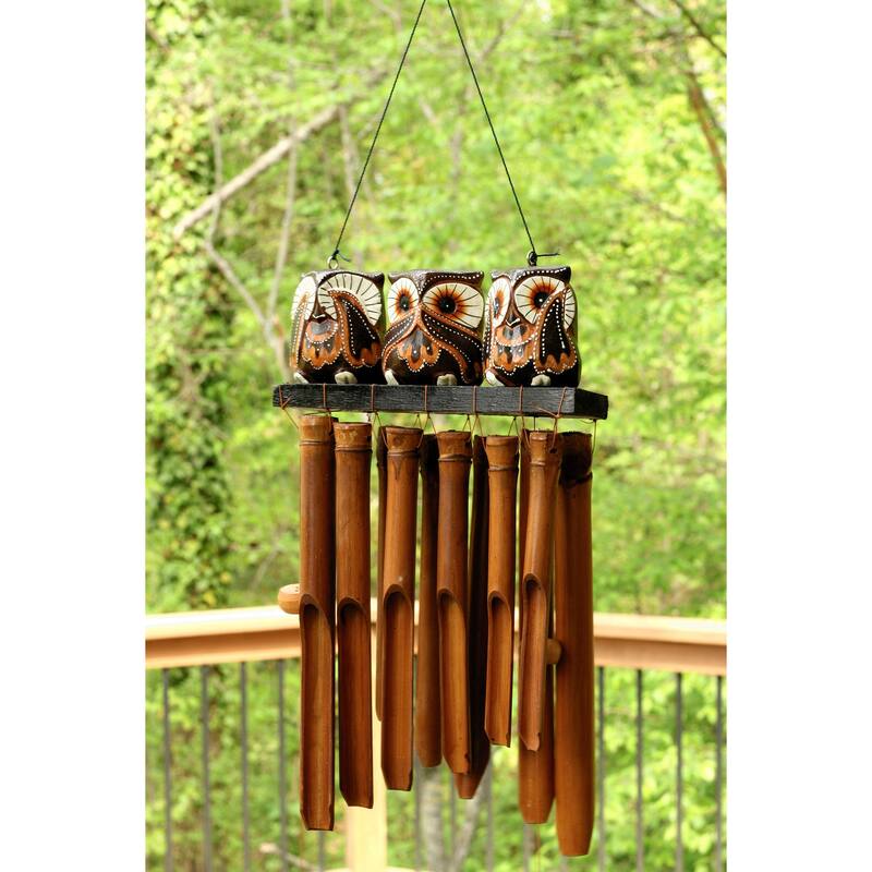Handmade Wooden See Hear Speak No Evil Owl Bamboo Wind Chime Wood Statue Figurine Hoot Sculpture Patio Garden Outdoor Decor