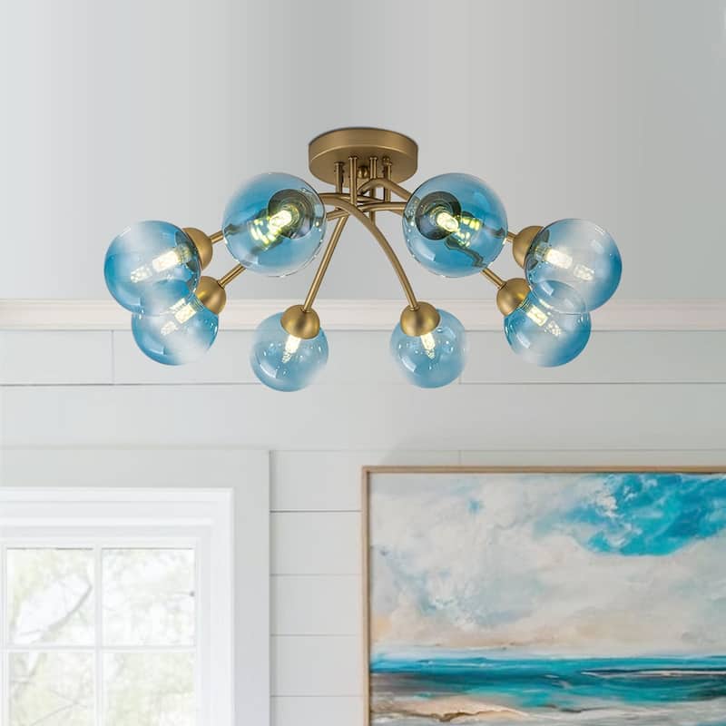 Mid-Century Blue Glass Globe Round Sputnik Ceiling Light 27in