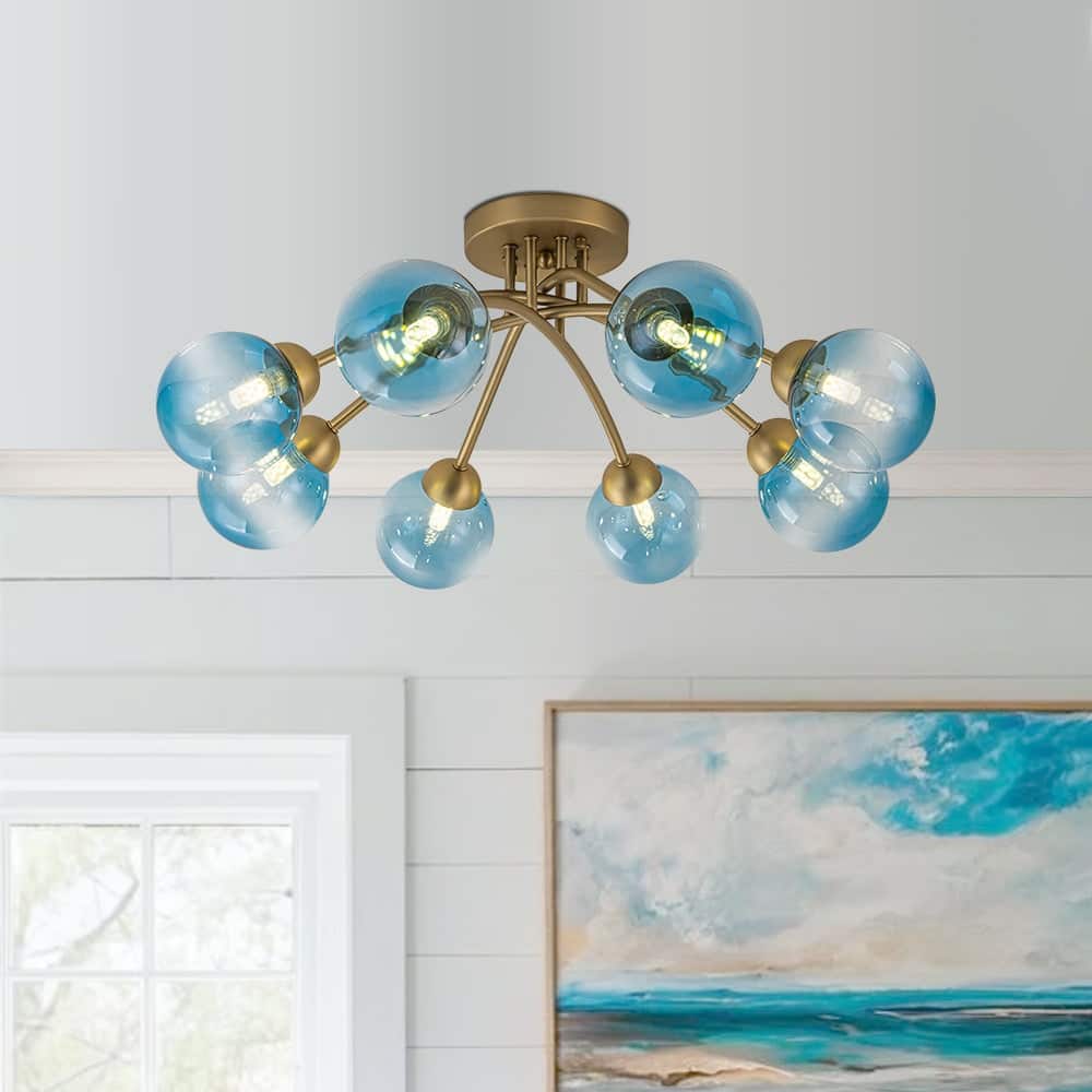 Mid-Century Blue Glass Globe Round Sputnik Ceiling Light 27in