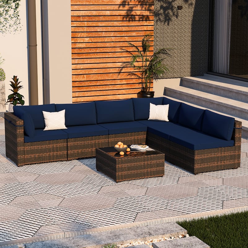 UPHA Cushioned 7-piece Conversation Sectional Patio Group Furniture - Navy Blue