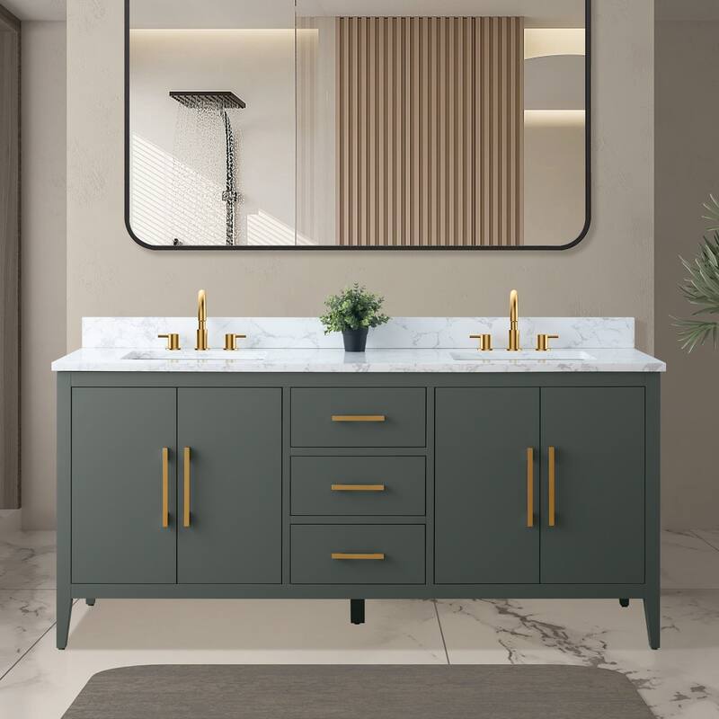 Vanity Art 72" Double Sink Bathroom Vanity Cabinet with Engineered Marble Top - 72"/Golden Brushed Handle - Vintage Green