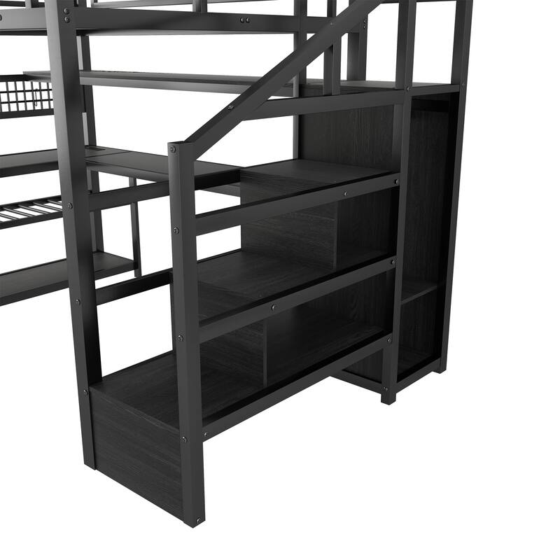 Full Size Loft Bed with Staircase and Wardrobe with Desk, Storage Shelves, LED Lights and Charge Station,Black