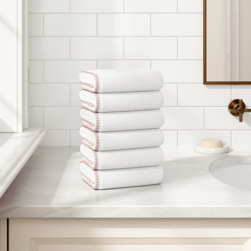 Linery & Co. Quick-Dry Cotton and Decorative Border Towel Set - White / Rosewood - Hand Towel (Pack of 6)