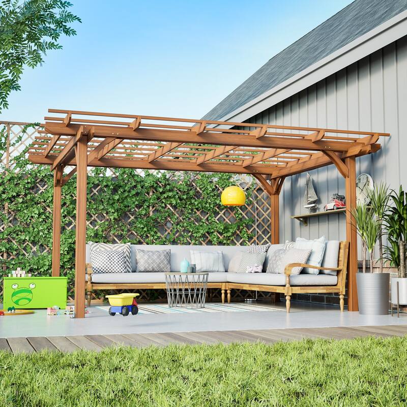 12x10 FT Outdoor Wood Pergola for Garden, Patio, and Backyard, Brown - Brown