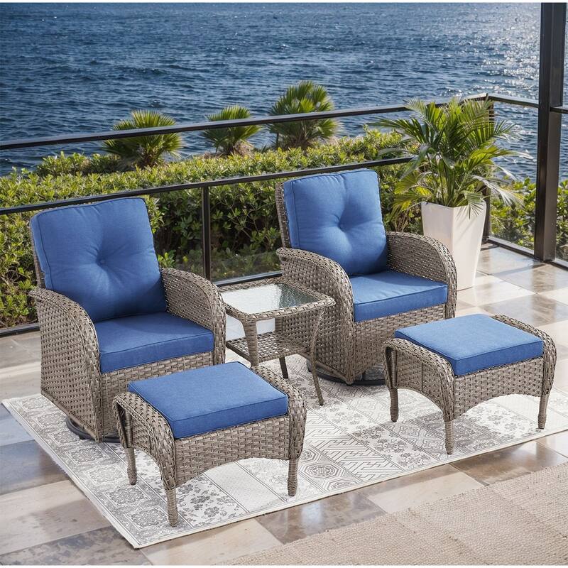 Gymojoy 5-Piece Outdoor Wicker Patio Swivel Chair & Ottoman Set, Rattan Coversation Set with Water Resistant Cushions - Grey Wicker / Blue Cusion - 5-Piece