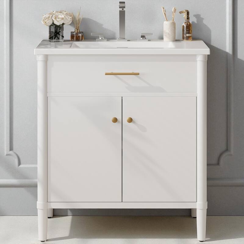 31" Bathroom Vanity with Sink, Soft-Close Doors, Adjustable Shelf & Rubber Wood Legs - White
