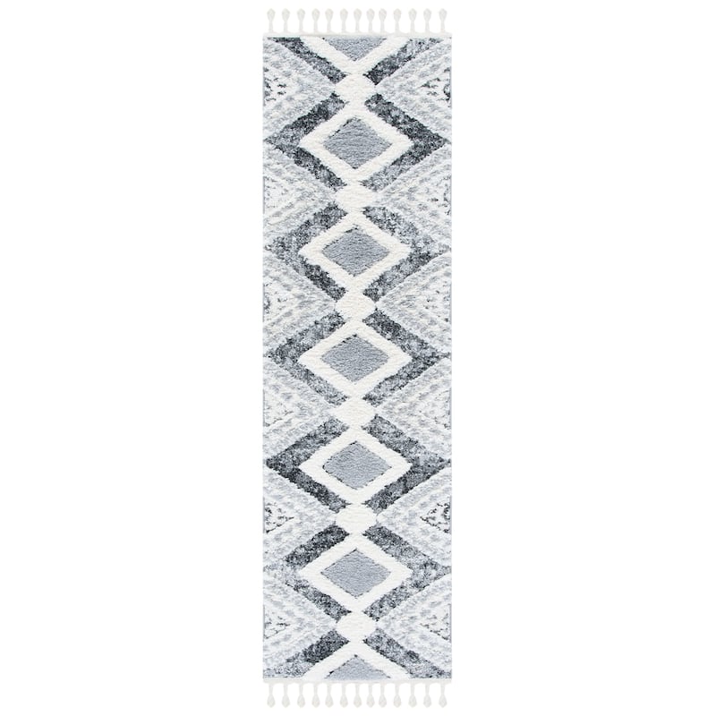SAFAVIEH Moroccan Tassel Shag Irva 2-inch Thick Rug - 2'3" x 6' Runner - Grey/Ivory