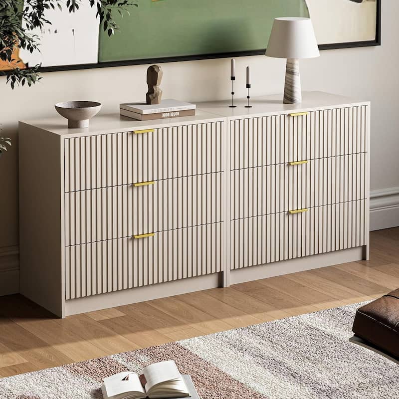 3 Drawer Fluted Dresser, 32 Inch Wide Nightstand with Large Drawer End Table for Bedroom