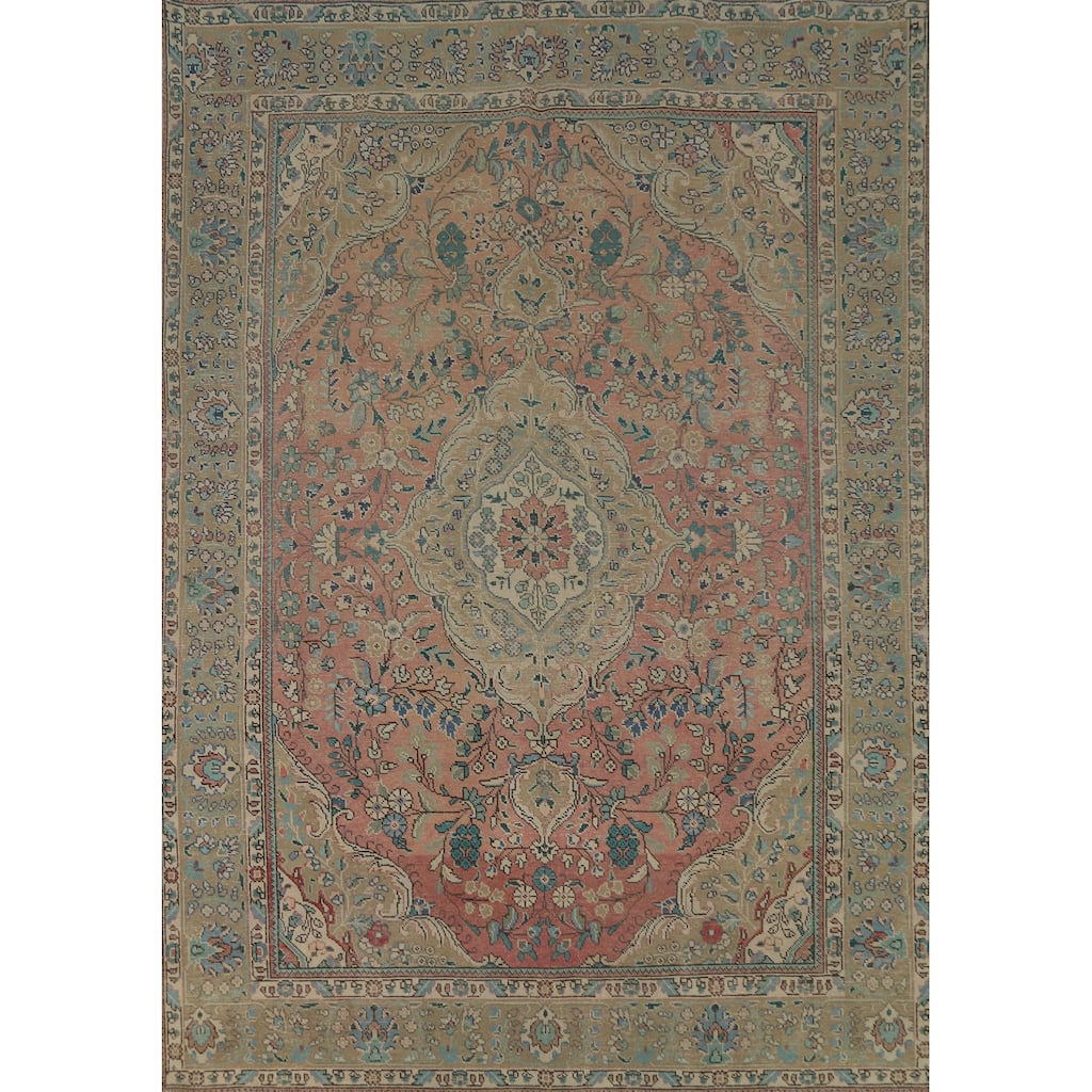 Hand Knotted Oriental 100% Wool Carpet Traditional Floral Pink Tabriz Area Rug - 9' 2'' X 6' 6''
