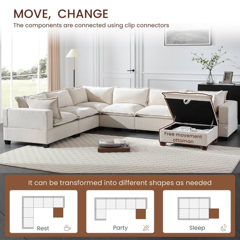 Modular Sectional Sofa with Movable Storage Ottoman,7 Seat U Shaped Couch,Wide Seat & Free Combination,Oversized Chenille Sofa