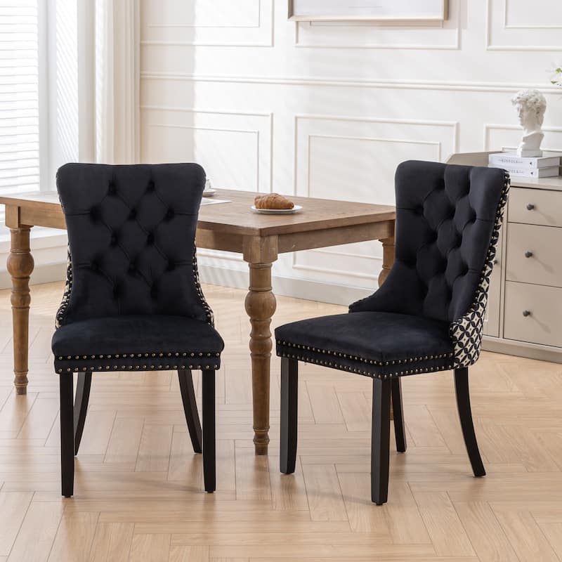 Plaid High Back Tufted Dining Chair, Velvet Soft Cushion Chair with Nailhead Trim Armless Wood Chair, Set of 2