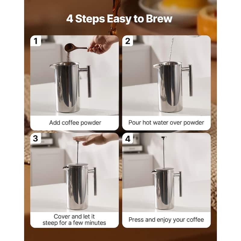 Silver Stainless Steel French Press Coffee Maker Portable
