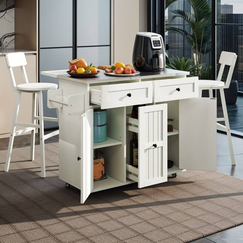 Moasis Wooden Kitchen Island with Drop Leaf Rolling Cart Extra Large Work Surface and Storage Drawers Towel Spice Rack