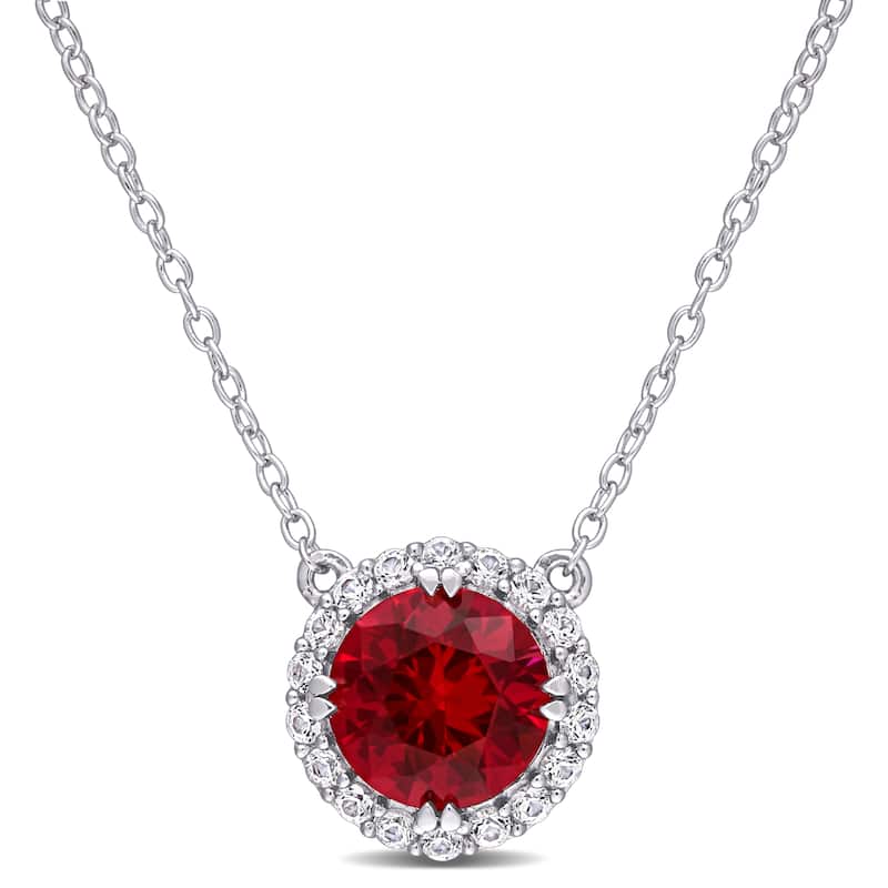 Miadora Sterling Silver Created Ruby and Created White Sapphire Halo Stationed Birthstone Necklace - 11.2 mm x 18 inch x 11.2 mm