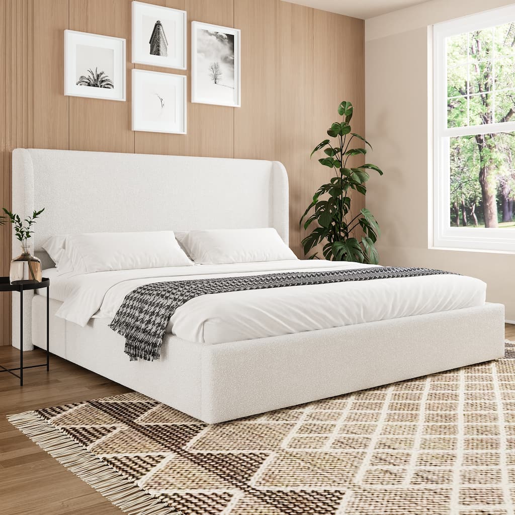GDFStudio - Minimalist Upholstered Platform Bed Frame with Wingback Headboard, Solid Wood Legs & Slats, No Box Spring Needed