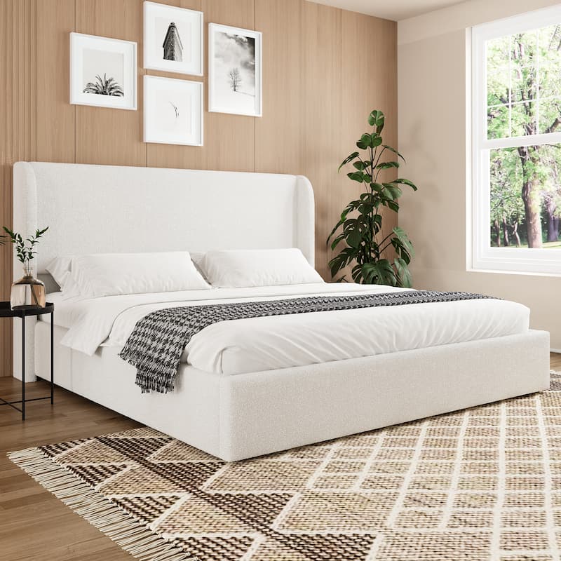 King/Queen Size Boucle Upholstered Cloud Bed Frame with Headboard, Solid Wood Legs - No Box Spring Needed