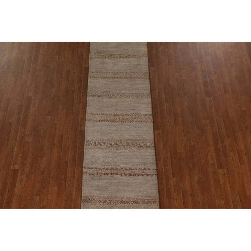 Hand Knotted Oriental 100% Wool Carpet Modern Stripe Greys & Charcoal Modern Runner Rug - 13' 3'' X 2' 7''