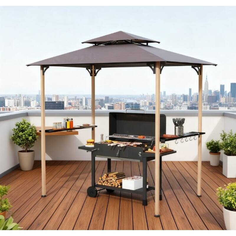 GDFStudio - Outdoor 8'x5' Double Tiered Grill Gazebo with Side Shelves & Hooks