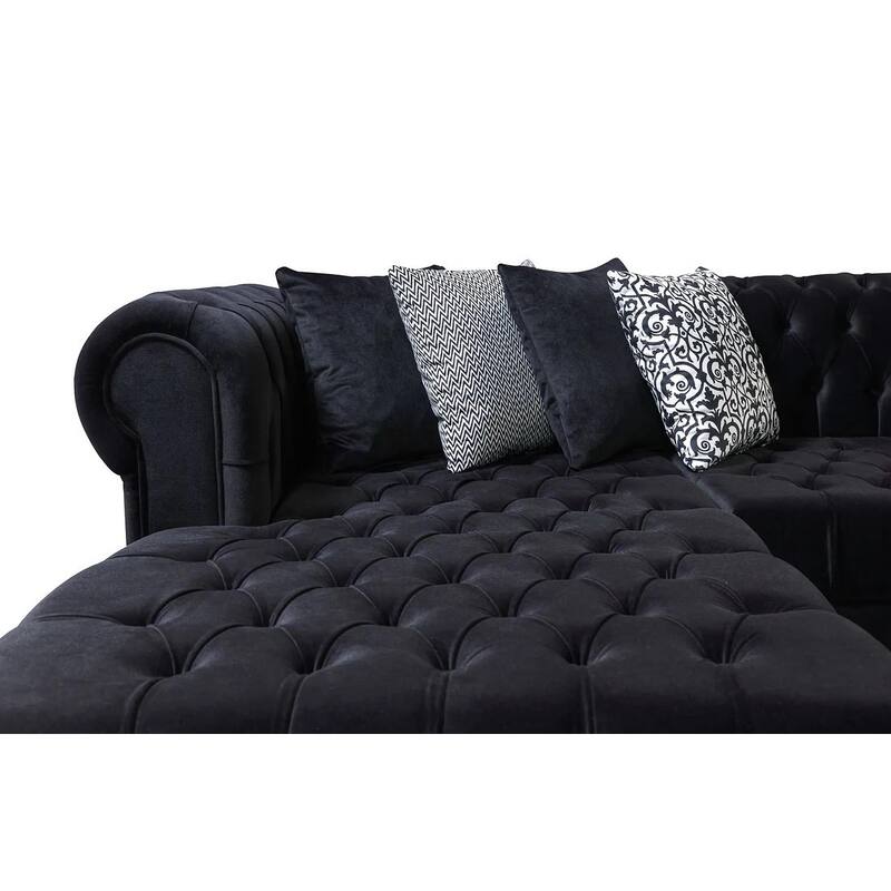 HomeRoots Black Velvet U Shaped Three Piece Sofa and Chaise Sectional With Toss Pillows