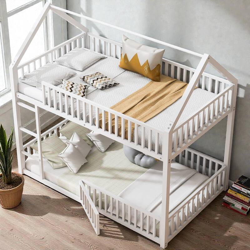 Metal Twin over Twin House Bunk Bed with Fence Guardrails and Door, Kids Playhouse Bunk Bed Frame, No Box Spring Needed