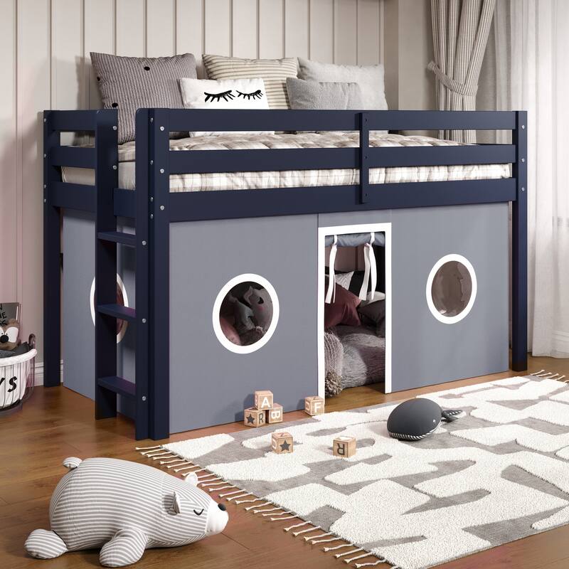 Taylor & Olive Trillium Low Loft Twin Bed with End Ladder - Loft Bed with Ladder - Blue with Gray & White Tent