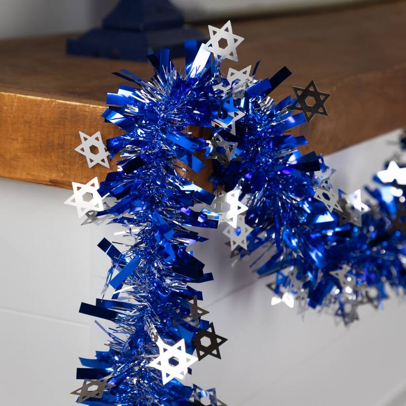 Star of David Hanukkah Tinsel Garland - 50' x 3.5" - Blue & Silver - Unlit