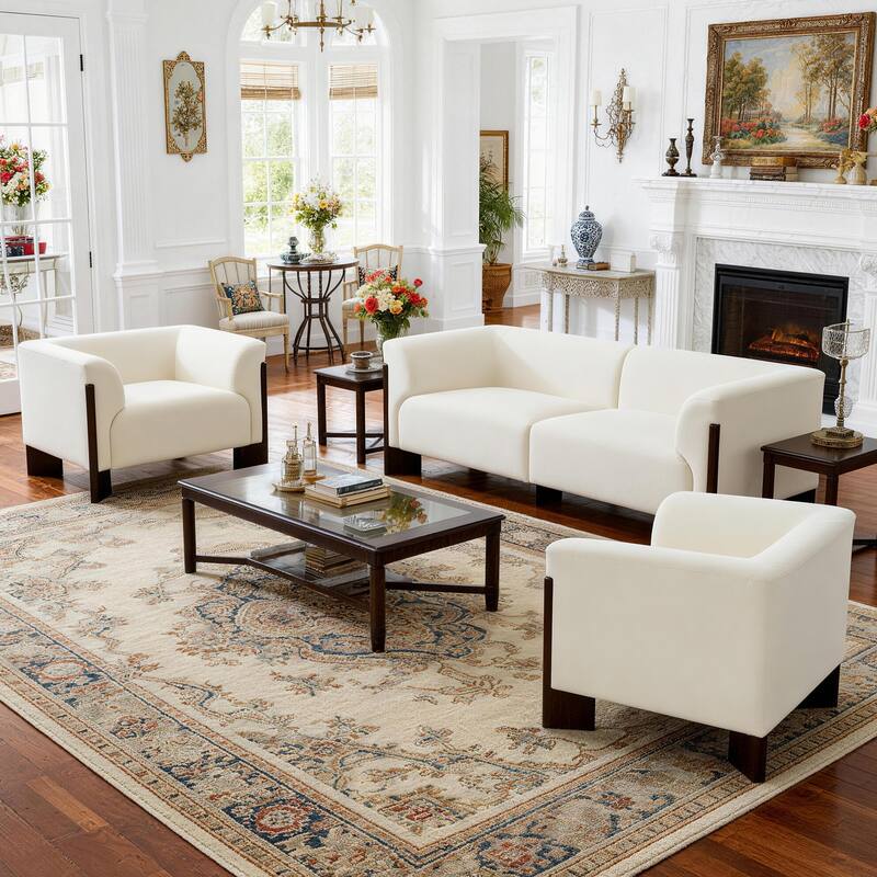 3-Piece Modern Loveseat Sofa Set with Armchair for Living Room - Beige/ Chenille