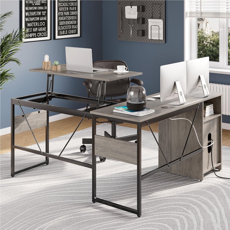Versatile 60" L Shaped Standing Desk with Lift Top & Storage Cabinet, Corner Desk Extending to 95’’ with Hooks
