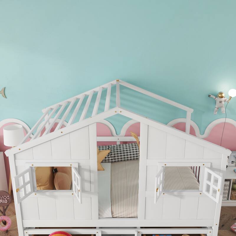 Full Size House Loft Bed with 4 Storage Drawers and Safety Guardrails