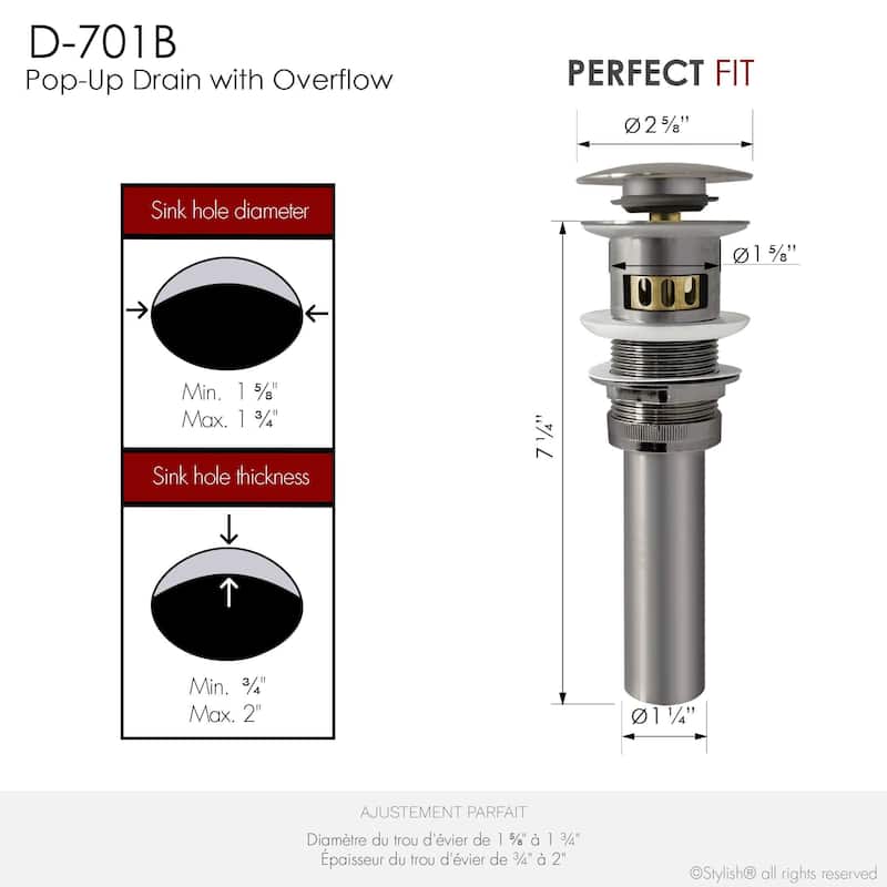 STYLISH Pop-Up Bathroom Sink Drain with Overflow D-701