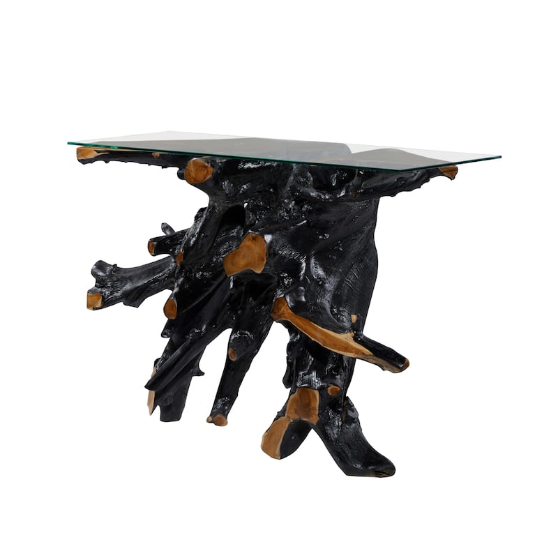 Teak Wood Handmade Live Edge Tree Stump Console Table with Clear Glass Top - Black - Roche River Decor - 16"W x 49"L x 32"H