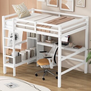 Full Size Loft Bed with Shelves and Under-bed Desk