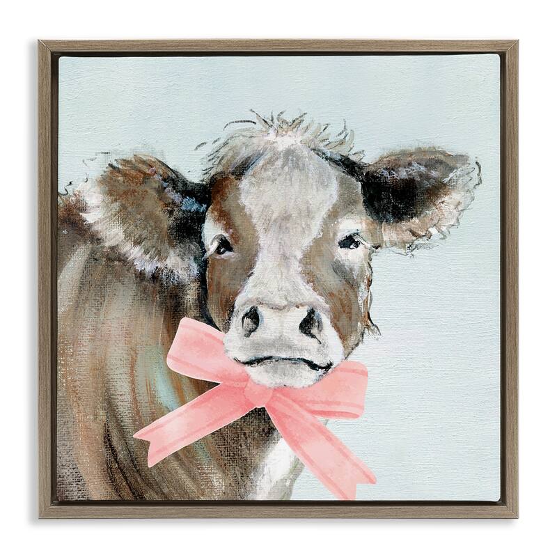 Stupell Cow with Pastel Ribbon Framed Floater Canvas Wall Art Design By Janet Tava - 25 x 25 - Brown