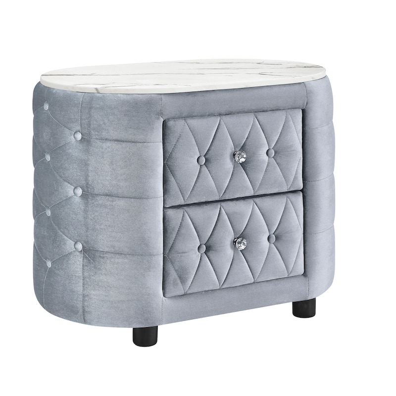 1pc Black Nightstand Upholstery Fabric Marble Top Two Storage Drawers Wooden Bedroom Furniture Oval Black