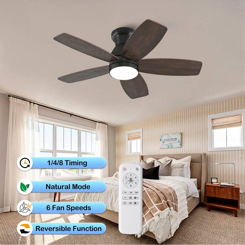 32-inch Low-Profile Ceiling Fan with Light and Remote Control, Dimmable Quiet DC Motor - Black + Dark Walnut